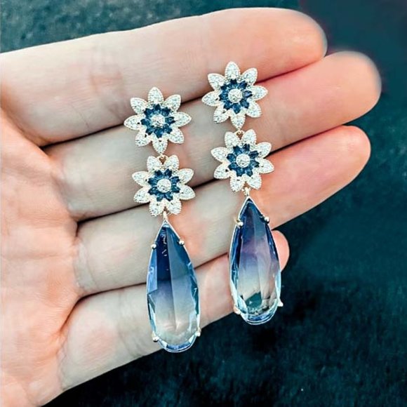 Sapphire Blue Crystal Teardrop Earrings Floral Dangle and Drop Long Earrings Her - Picture 6 of 7